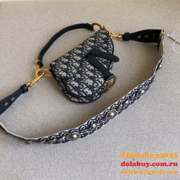 Replica Christian Dior Saddle Bag Grained Blue Oblique Jacquard