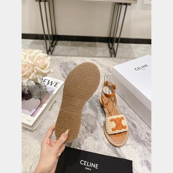 Top Quality Celine LYMPIA FLAT STRAP SANDAL in RAFFIA & CALFSKIN